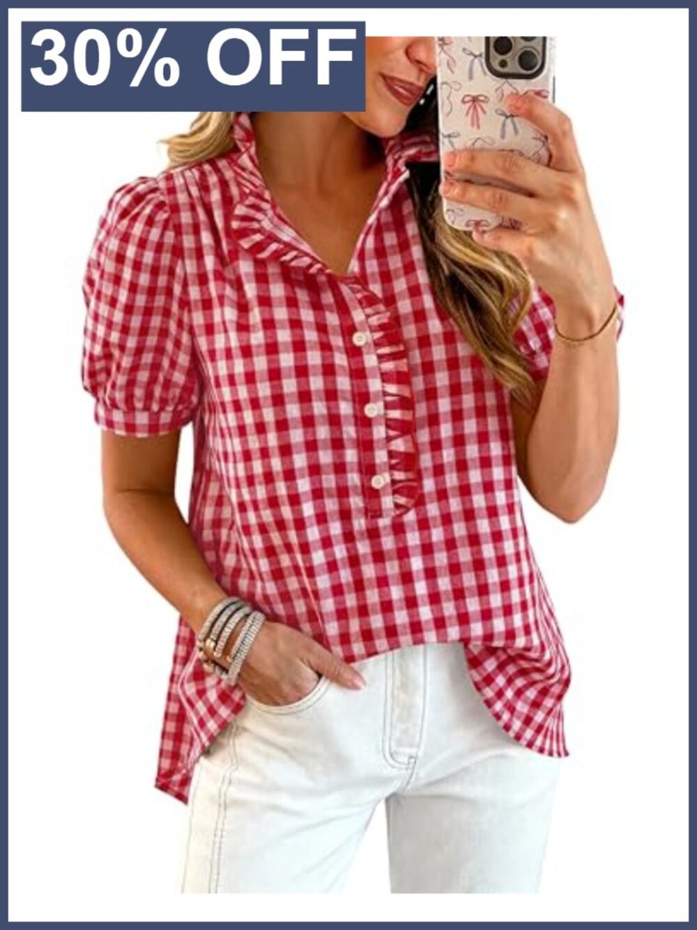 Women's Puff Sleeve Boho Plaid Button-Down Blouse Ruffle Collar